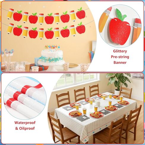 BORAMDO 202 قطعة من ديكورات حفلات العودة إلى المدرسة، تتضمن لوازم حفلات اليوم الأول من المدرسة أطباق ومناديل وأكواب وأدوات مائدة ومفارش طاولة ولافتة وبالونات لاحتفالات رياض الأطفال في الفصل الدراسي in Kuwait