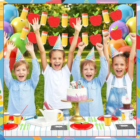 BORAMDO 202 قطعة من ديكورات حفلات العودة إلى المدرسة، تتضمن لوازم حفلات اليوم الأول من المدرسة أطباق ومناديل وأكواب وأدوات مائدة ومفارش طاولة ولافتة وبالونات لاحتفالات رياض الأطفال في الفصل الدراسي in Kuwait