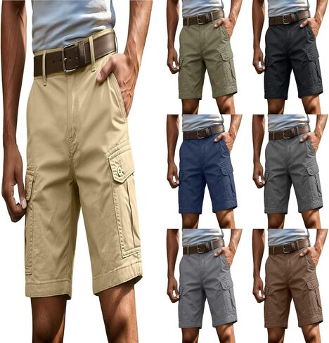Mens Shorts Cargo Elastic Waist with Pockets Casual Knee Length Lightweight Stretch Outdoor Hiking Short Pants in Kuwait