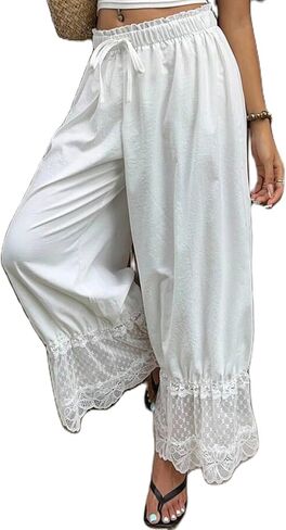 سروال نسائي Y2K مزين بالدانتيل بحاشية طويلة سروال مرن متوسط ​​الارتفاع مكشكش بنطلونات مقصوصة متوهجة زلات سروال بيجامة in Kuwait