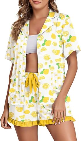 Brosloth Womens Silk Pajama Shorts Set Short Sleeve Summer Pjs Set Printed Ruffle Satin Pajamas 2 Piece Button Up Sleepwear in Kuwait