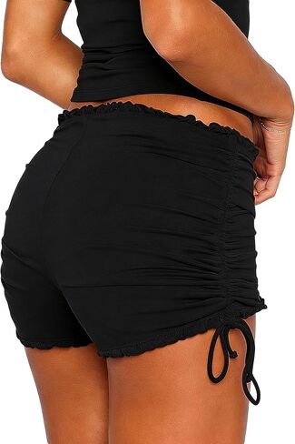 Womens Cute Low Rise Booty Mini Micro Shorts Side Drawstring Ruffle Hem Lounge Sleep Pajama Shorts in Saudi Arabia
