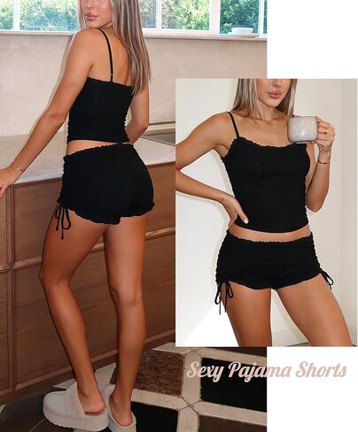 Womens Cute Low Rise Booty Mini Micro Shorts Side Drawstring Ruffle Hem Lounge Sleep Pajama Shorts in Saudi Arabia