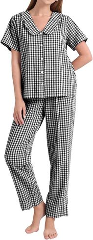 PEHMEA Women's 2 Piece Cotton Gingham Pajama Set Short Sleeve Ruffle Plaid Babydoll Pjs Sleepwear Pants for Lounge in Kuwait