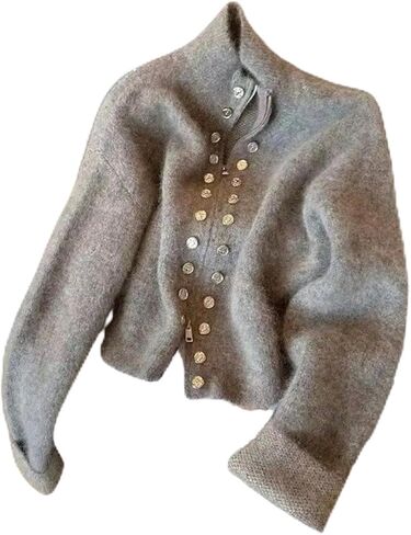 سترات محبوكة للنساء سترة منفوشة معطف مزدوج الصدر مع سحاب ملابس علوية قديمة ملابس عصرية in Kuwait