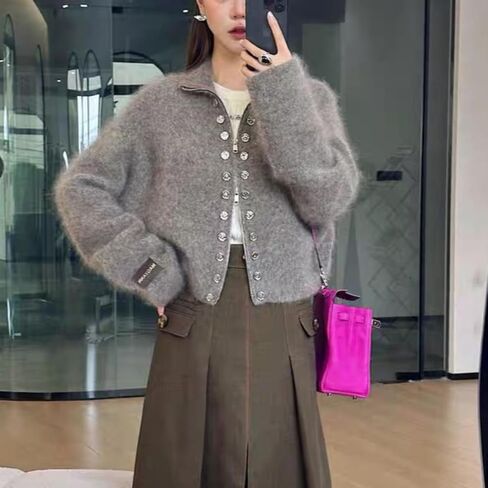 سترات محبوكة للنساء سترة منفوشة معطف مزدوج الصدر مع سحاب ملابس علوية قديمة ملابس عصرية in Kuwait