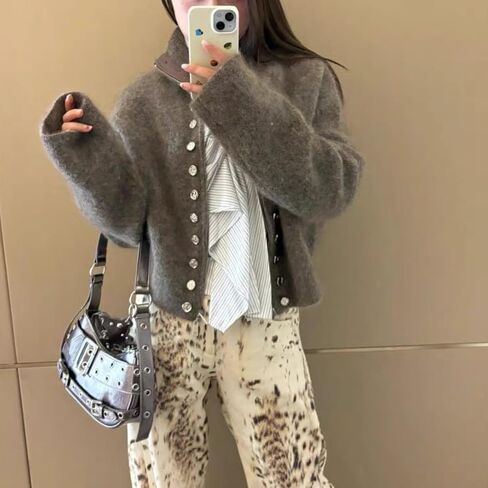 سترات محبوكة للنساء سترة منفوشة معطف مزدوج الصدر مع سحاب ملابس علوية قديمة ملابس عصرية in Kuwait