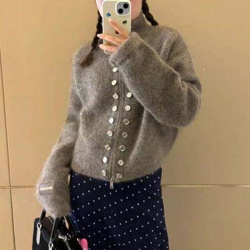 سترات محبوكة للنساء سترة منفوشة معطف مزدوج الصدر مع سحاب ملابس علوية قديمة ملابس عصرية in Kuwait