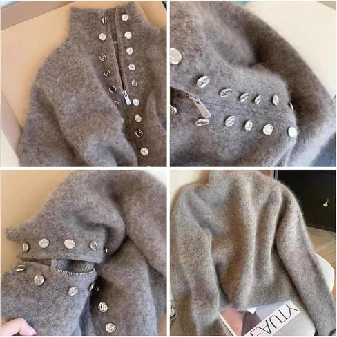 سترات محبوكة للنساء سترة منفوشة معطف مزدوج الصدر مع سحاب ملابس علوية قديمة ملابس عصرية in Kuwait