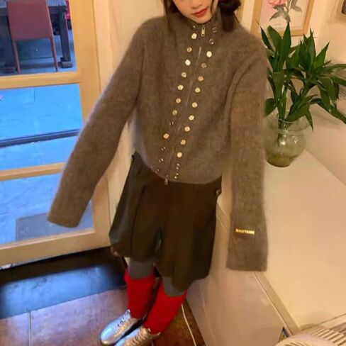 سترات محبوكة للنساء سترة منفوشة معطف مزدوج الصدر مع سحاب ملابس علوية قديمة ملابس عصرية in Kuwait