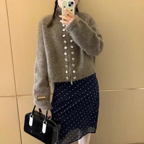 سترات محبوكة للنساء سترة منفوشة معطف مزدوج الصدر مع سحاب ملابس علوية قديمة ملابس عصرية in Kuwait