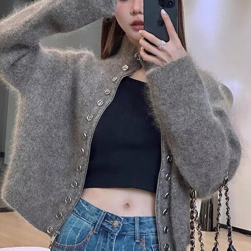 سترات محبوكة للنساء سترة منفوشة معطف مزدوج الصدر مع سحاب ملابس علوية قديمة ملابس عصرية in Kuwait