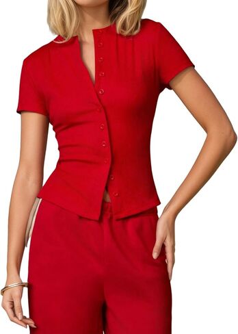 Women Y2k Button Down Sweater Short Sleeve Crew Neck Knit Shirts Summer Going Out Cropped Button Up Cardigan in Kuwait