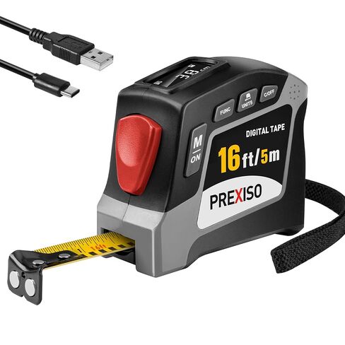 PREXISO 2-in-1 Digital Tape Measure - 16Ft Rechargeable Measuring Tape Ruler Ft/Ft+in/in/M/CM/MM Unit - Metric & Inches Retractable Measurement Tape Tool with Magnetic Tip - Pythagorean, Area, Volume in Kuwait