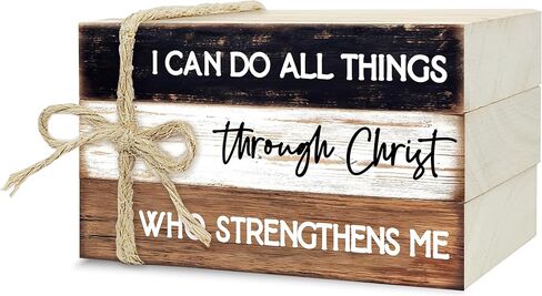 Decorative Books for Home Decor, Wood Book Stack for Table Decor, I Can Do All Things Through Christ Who Strengthens Me Decor Books for Office Shelf, Christian Farmhouse Stacked Books Decor (L23) in Kuwait