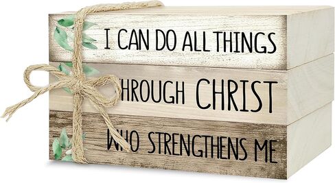 Decorative Books for Home Decor, Wood Book Stack for Table Decor, I Can Do All Things Through Christ Who Strengthens Me Decor Books for Office Shelf, Christian Farmhouse Stacked Books Decor (L23) in Kuwait