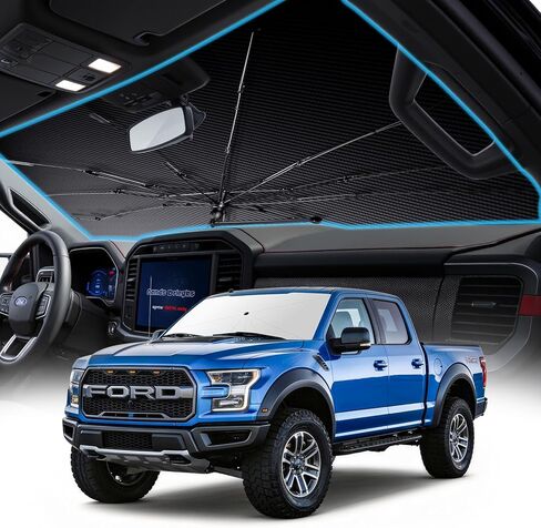 مظلة شمسية للزجاج الأمامي للشاحنة لسيارة Ford F150 2021-2025، كتل طلاء كريستال 99% من الأشعة فوق البنفسجية - تحافظ على برودة السيارة وتحمي الجزء الداخلي، مقبض دوار 360 درجة لسهولة التعديل in Kuwait