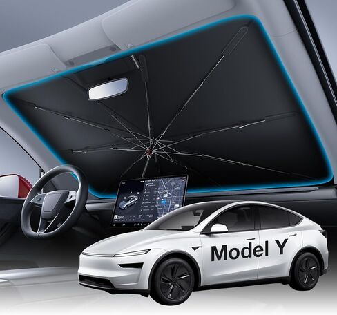 Wigoo Windshield Sun Shade Umbrella for Tesla Model Y [100% Sun Blockage, Ice Cooling Fabric] Reflective Heat Insulation, Foldable Front Window Sunshade Umbrella for Tesla Model Y 2020–2026 (Juniper) in Kuwait