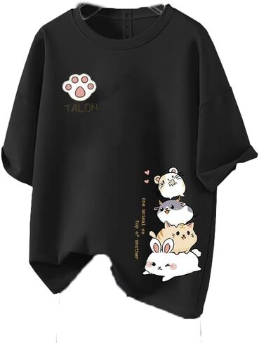 Y2K Kawaii لطيف الجرافيك تي شيرت للنساء عادية لطيف القط طباعة قمصان قطنية الصيف ملابس الشارع الشهير كبيرة الحجم in Kuwait