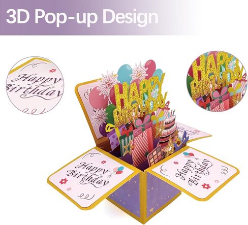 3D Happy Birthday Card, Paper Pop Up Birthday Cards Greeting Cards with Blank Card and Envelope, Unique Birthday Gift for Women Mom Wife Daughter Grandma Girlfriend (happy Birthday) in Saudi Arabia
