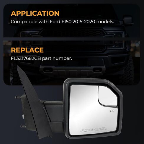 مجموعة مرآة الرؤية الجانبية للركاب متوافقة مع Ford F-150 2015-2020، زجاج ساخن قابل للتعديل كهربائيًا، إشارة الانعطاف ومرآة النقطة العمياء، تحل محل ‎FL3Z17682CB in Kuwait