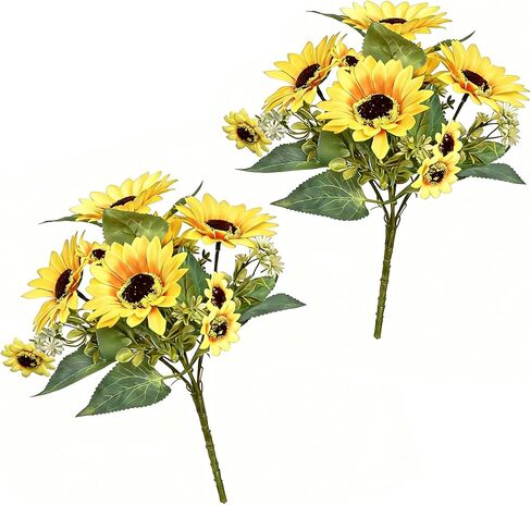 عبوتان من باقات عباد الشمس الاصطناعية بحجم 12 بوصة - سيقان عباد الشمس الصناعية مع 5 رؤوس عباد الشمس كبيرة، و6 أقحوان صغيرة وأوراق خضراء، وزهور وهمية لديكور المنزل والمكتب والمزرعة in Kuwait