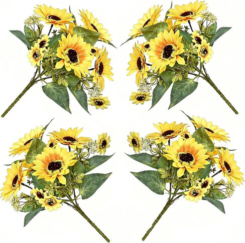 2 Pack 12’’Artificial Sunflower Bouquets – Faux Sunflower Stems with 5 Large Sunflower Heads, 6 Small Daisies & Green Leaves, Fake Flowers for DIY Home Office & Farmhouse Décor in Saudi Arabia