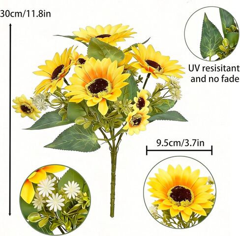 2 Pack 12’’Artificial Sunflower Bouquets – Faux Sunflower Stems with 5 Large Sunflower Heads, 6 Small Daisies & Green Leaves, Fake Flowers for DIY Home Office & Farmhouse Décor in Saudi Arabia