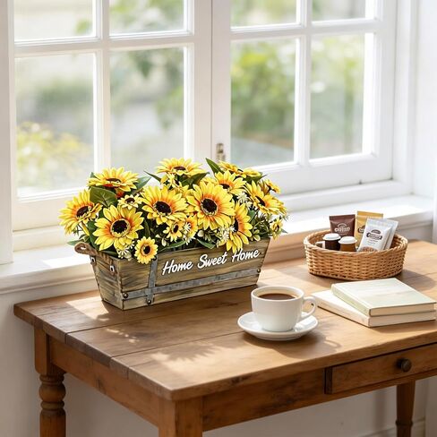 2 Pack 12’’Artificial Sunflower Bouquets – Faux Sunflower Stems with 5 Large Sunflower Heads, 6 Small Daisies & Green Leaves, Fake Flowers for DIY Home Office & Farmhouse Décor in Saudi Arabia