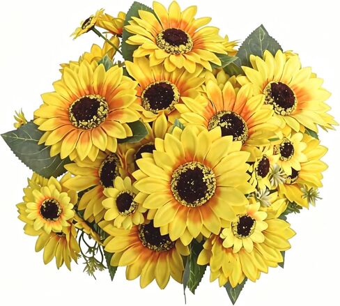 2 Pack 12’’Artificial Sunflower Bouquets – Faux Sunflower Stems with 5 Large Sunflower Heads, 6 Small Daisies & Green Leaves, Fake Flowers for DIY Home Office & Farmhouse Décor in Saudi Arabia