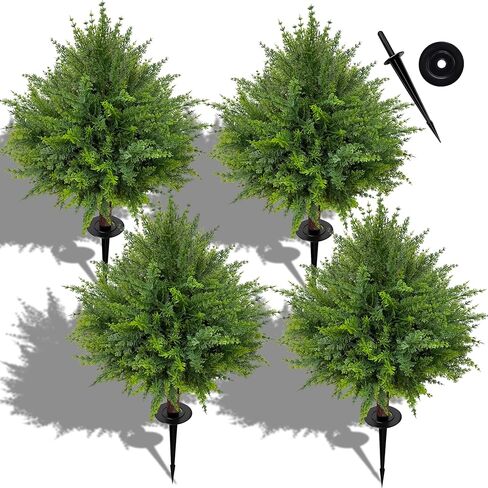 24.5 بوصة (ارتفاعًا) أشجار كروية من خشب الأرز الاصطناعي، مجموعة من 4 شجيرات شجيرة وهمية مقاومة للأشعة فوق البنفسجية مع مسامير أرضية، ونباتات صناعية خارجية للحديقة والفناء والشرفة الأمامية والديكور الداخلي (4) in Kuwait