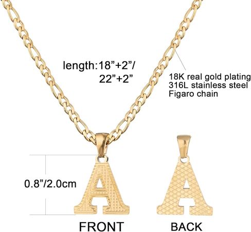 قلادات أولية من الفولاذ المقاوم للصدأ باللون الذهبي والفضي عيار 18 قيراط للنساء والرجال قلادة على الطراز القوطي مكونة من 26 حرفًا مع قلادات سلسلة فيجارو in Kuwait