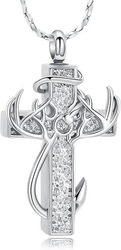 Imrsanl Cross Urn Necklace for Ashes for Women Men Fish Hook Cremation Jewelry Deer Antler Memorial Pendant Human Ashes Holder Keepsake Gifts in Saudi Arabia