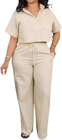 Women 2 Piece Linen Outfits With Pockets Short Sleeve Button Down Shirt Top And Wide-Leg Pants Casual Outfit Matching Outfit in Saudi Arabia