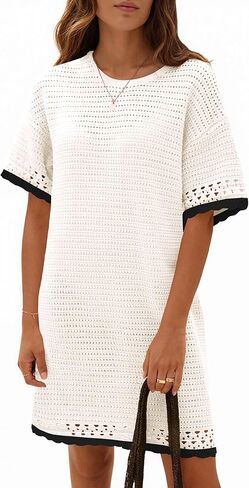 Fisoew Womens Crochet Knit Dress Summer Short Sleeve Cotton Casual Loose Coverups Beach Vacation Mini Dresses in Saudi Arabia