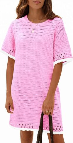 Fisoew Womens Crochet Knit Dress Summer Short Sleeve Cotton Casual Loose Coverups Beach Vacation Mini Dresses in Saudi Arabia
