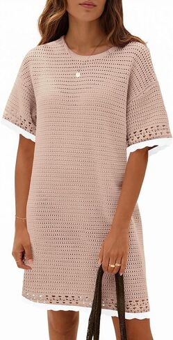 Fisoew Womens Crochet Knit Dress Summer Short Sleeve Cotton Casual Loose Coverups Beach Vacation Mini Dresses in Saudi Arabia
