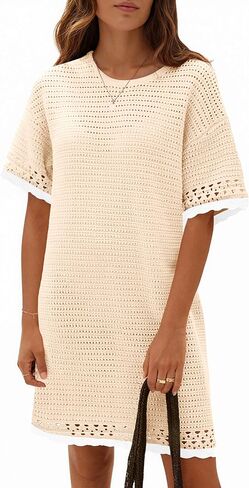 Fisoew Womens Crochet Knit Dress Summer Short Sleeve Cotton Casual Loose Coverups Beach Vacation Mini Dresses in Saudi Arabia