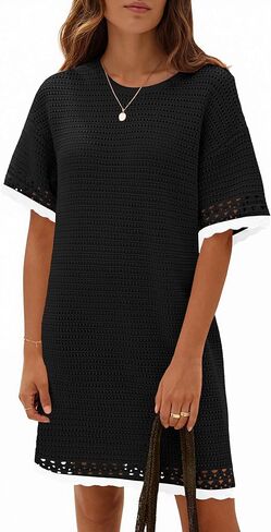Fisoew Womens Crochet Knit Dress Summer Short Sleeve Cotton Casual Loose Coverups Beach Vacation Mini Dresses in Saudi Arabia