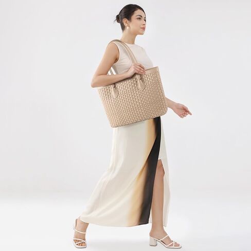 حقيبة حمل منسوجة للنساء مصنوعة يدويًا من الجلد النباتي حقيبة يد بسحاب للإغلاق على الشاطئ وحقيبة يد للسفر وحقيبة هوبو بمقبض علوي (لون المشمش) in Kuwait