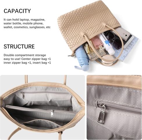 حقيبة حمل منسوجة للنساء مصنوعة يدويًا من الجلد النباتي حقيبة يد بسحاب للإغلاق على الشاطئ وحقيبة يد للسفر وحقيبة هوبو بمقبض علوي (لون المشمش) in Kuwait