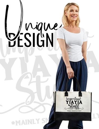 InnoBeta Yiayia Gifts Canvas Tote Bag for Grandma, Important Stuff Bag with Top Zipper Closure and Shoulder Strap for Birthday, Mother's Day, Christmas in Saudi Arabia