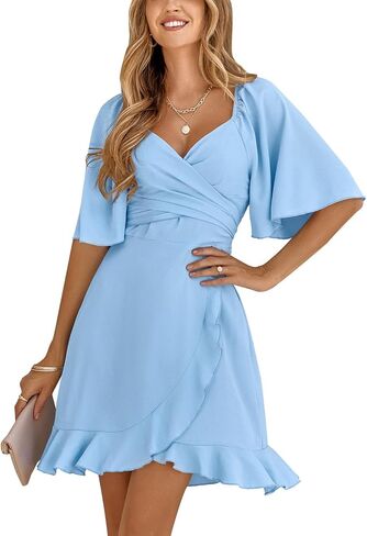 ANN CREEK Women's Short Dress Wrap V Neck Smocked Elastic Waist Short Flared Sleeve Belted Ruffle Hem Party Dress 2025 in Kuwait
