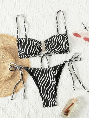 Women's Zebra Print Bikini Set, Ring Detail Tie Front Tie Side Two Piece Swimsuit for Beach Pool in Saudi Arabia