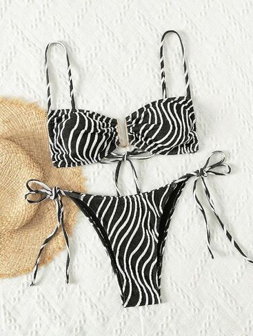 Women's Zebra Print Bikini Set, Ring Detail Tie Front Tie Side Two Piece Swimsuit for Beach Pool in Saudi Arabia