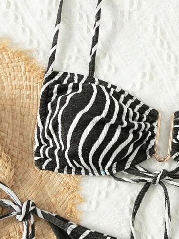 Women's Zebra Print Bikini Set, Ring Detail Tie Front Tie Side Two Piece Swimsuit for Beach Pool in Saudi Arabia