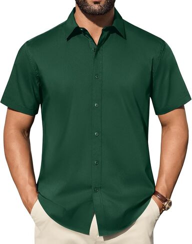 DEMEANOR Mens Dress Shirts Short Sleeve Stain Shield Stretch Solid Button Down Shirt Formal Business Work Button Up Shirt in Kuwait