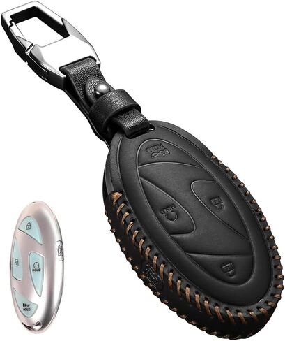 Genuine Leather Compatible with Hyundai Key Fob Cover fit 2025 Elanrtra Sonata Ioniq Santa Fe Santa Cruz Tucson 5 Buttons Accessories Keychains (Black) in Saudi Arabia