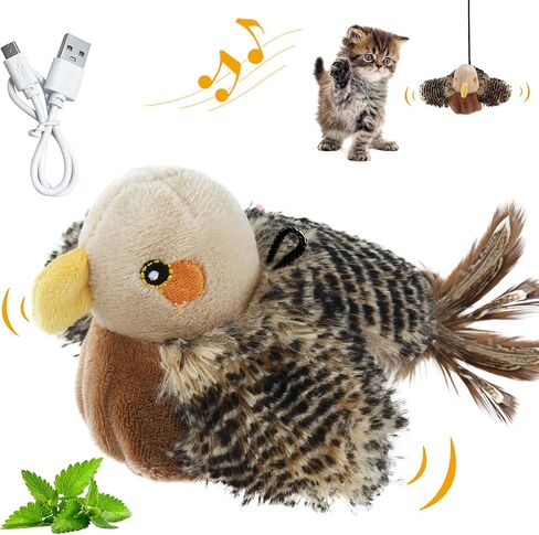 PETGEEK Flapping Bird Cat Toys for Indoor Cats, Interactive Simulated Chirping Bird Cat Toy, USB Rechargeable Flappy Bird Cat Toy Catnip Toy, Cat Toys for Bored Indoor Adult Cats (L Sparrow) in Saudi Arabia