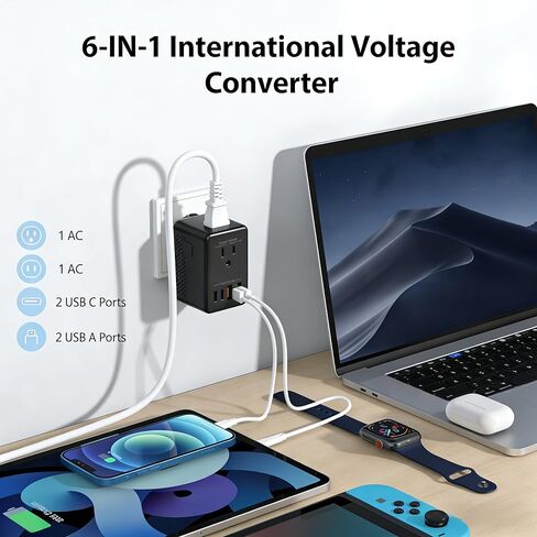 محول جهد كهربائي، محول 220 فولت إلى 110 فولت، محول سفر عالمي، محول طاقة من أمريكا إلى أوروبا مع قابس المملكة المتحدة/الاتحاد الأوروبي/الاتحاد الأفريقي/M، لمجفف الشعر مع 2 USB A و2 USB C in Kuwait